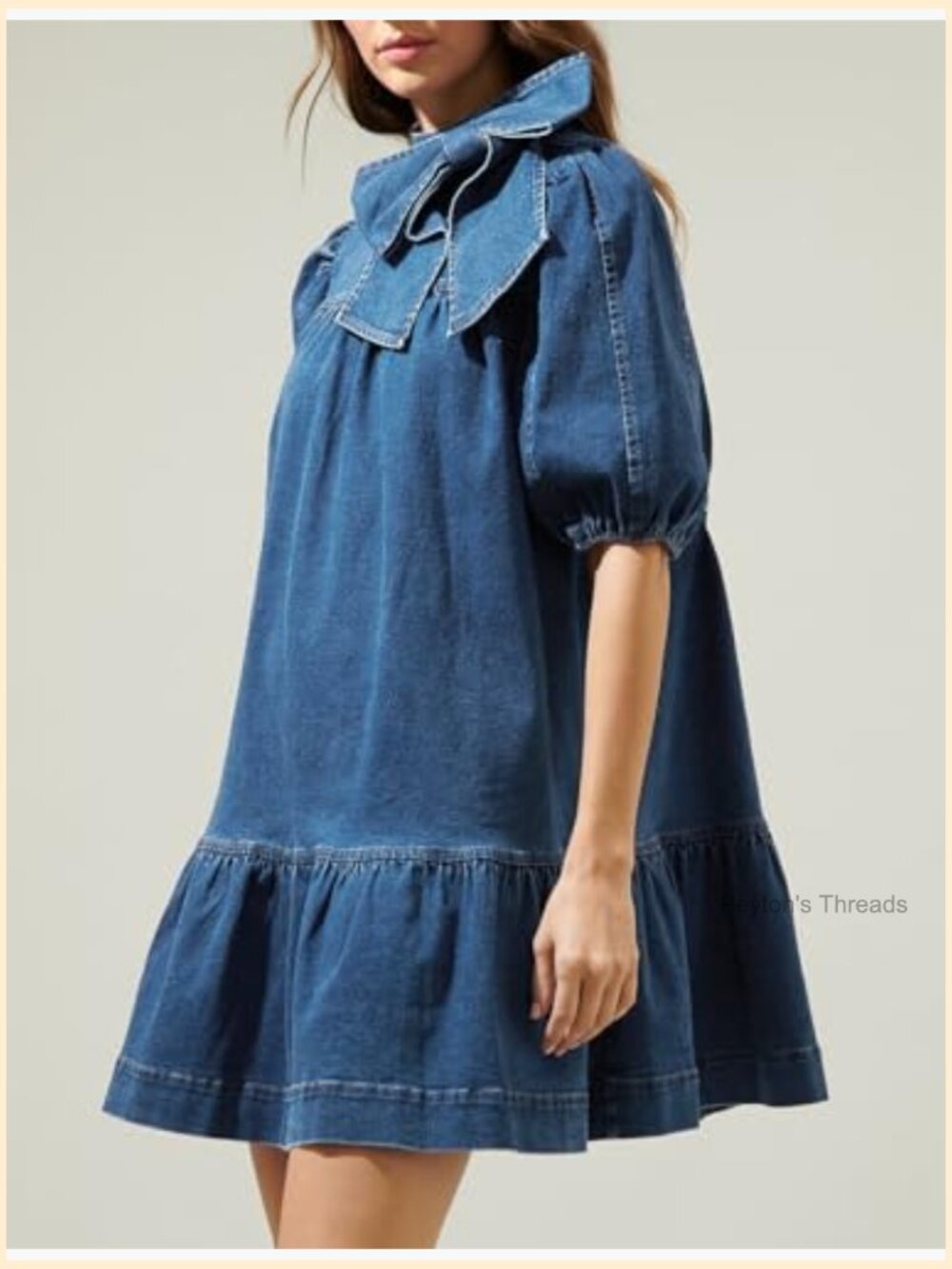 Puff Short Sleeve Denim Dress Mock Neck Babydoll Shift Dress with Bow - Picture 3 of 7